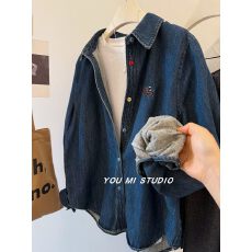 批发彩色小马刺绣~水洗磨毛加厚翻领叠穿百搭彩色纽扣<b class='q'>牛仔</b><b class='q'>衬衫</b>女25冬