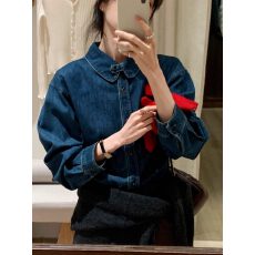 批发BRIVIN韩系深蓝色<b class='q'>牛仔</b>磨毛<b class='q'>衬衫</b>女冬新款复古港风设计感长袖上衣