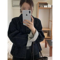 批发miluroom米鹿牛仔翻领单排扣外套2025年秋季条纹卷边拼接宽松廓形