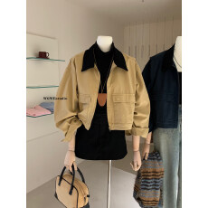 批发复古收藏家·短款卡其色长袖美式复古初秋外套女夹克