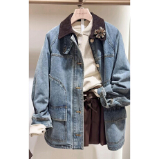 批发法式复古高级感绝美巨好看的蓝色牛仔翻领外套女2026春季新款上衣