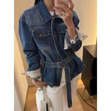 批发复古水洗牛仔风短外套女2026<b class='q'>春</b>新款收腰显瘦系带短款百搭夹克上衣