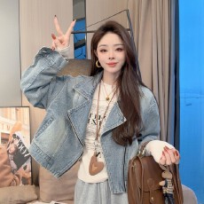 批发晓溪服饰新款春款美式复古宽松立领牛仔短外套百搭上衣