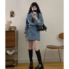 批发2026复古港风翻领水洗<b class='q'>牛仔</b>连衣裙裙子工装气质收腰款