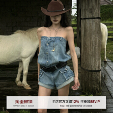 批发韩好甜WARDEN EDGE 蓝色<b class='q'>牛仔</b>短裤女夏季新款设计感<b class='q'>连体裤</b>连身短裤