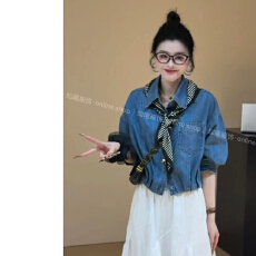 批发春季新款韩版复古翻领百搭显瘦<b class='q'>牛仔</b><b class='q'>衬衫</b>3377配丝巾
