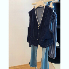 批发深蓝色V领<b class='q'>牛仔</b><b class='q'>马甲</b>女秋休闲叠穿坎肩<b class='q'>背心</b>外套开衫无袖上衣高级感