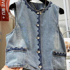 批发时髦洋气复古刺绣短款<b class='q'>牛仔</b>马甲背心外套女春装叠穿外穿无袖上衣