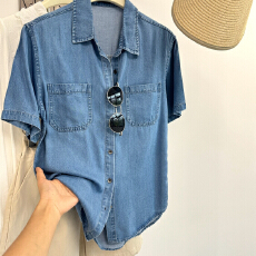 批发垂感天丝薄牛仔<b class='q'>衬衫</b>女polo半袖夏季设计感<b class='q'>衬衣</b>港风复古短袖上衣