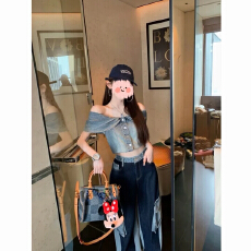 批发夏季新款牛仔泡泡袖复古荷叶边汉服+水洗工<b class='q'>装</b>拼接牛仔弯刀阔腿<b class='q'>裤</b>