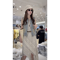 批发FOH刺绣<b class='q'>提花</b>气质优雅显白长<b class='q'>连衣裙</b>搭配牛仔水洗马甲两件套