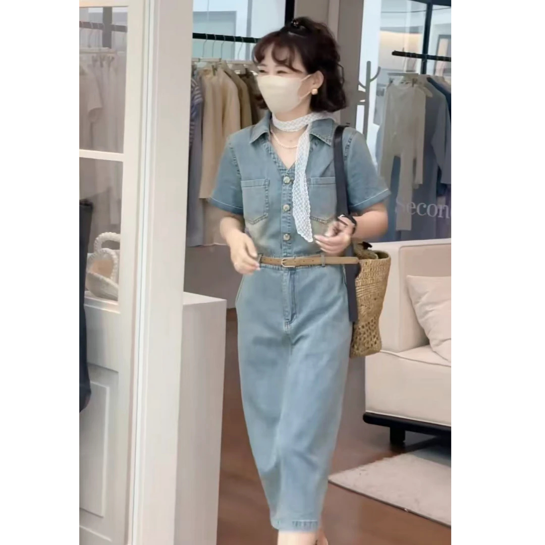 2632 제인 서식지 한 부서 작은 키 에디션 폴로 칼라 얇은 데님 드레스 여름 슬림해 보이는 패션 다용도
