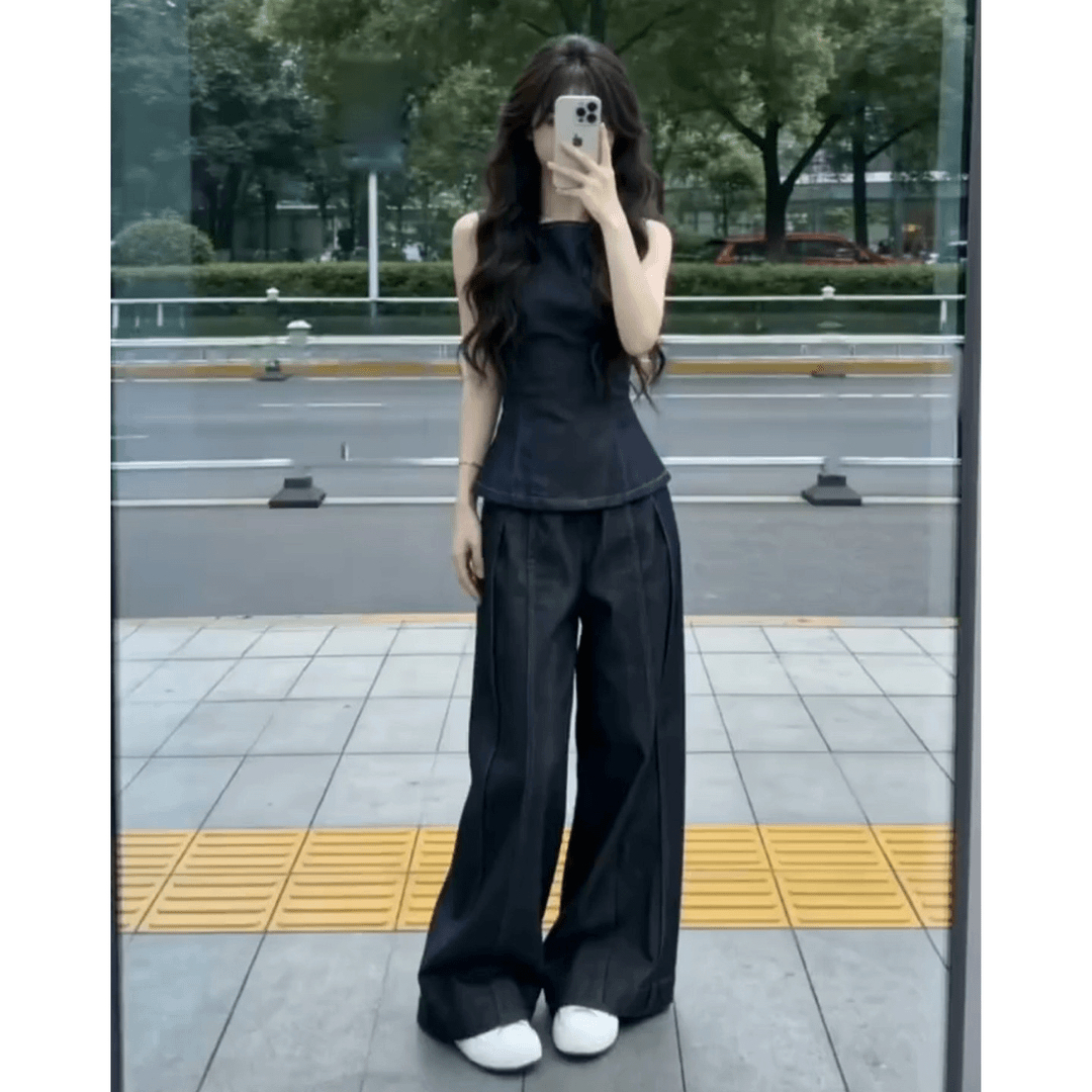 한 부서 그레이트 통해보기 가져 가라. 전체 집합 2026 새로운 파란색 조끼 맨위 여성 여름 데님 와이드 레그 팬츠 세트