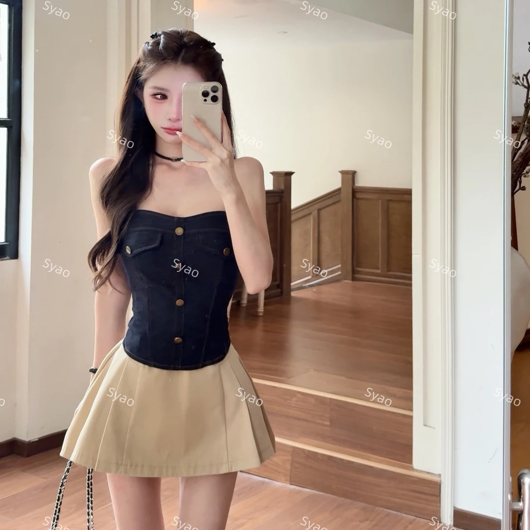 생각하기 야오 스타 바이슨 애버딘 장식 버클 데님 튜브탑 맨위 가져 가라. 카키 한 마디 미니 스커트 1299