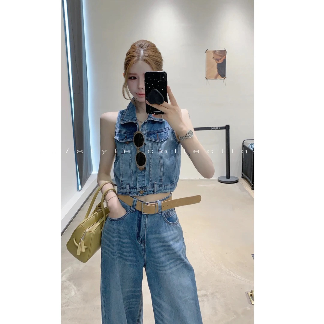 블록 소녀 조끼 바지 세트