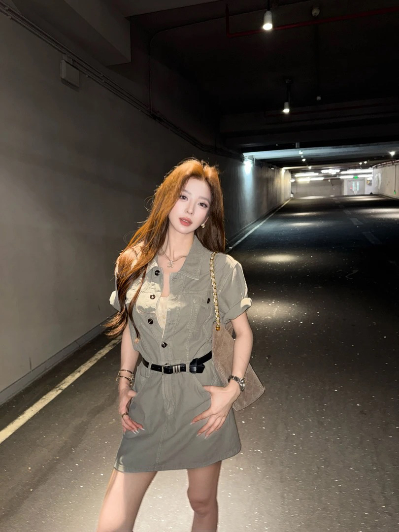 그린란드 폴로 칼라 데님 스커트 아이들 봄 여름 워크웨어 단추 반팔 드레스 슬림해 보이는 디자인 센스 시간