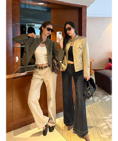 주 淼 zhoumiao 아메리칸 vtg 니켈 맛 레트로 마 오래된 오토바이 짧은 여성 코트 스탠드 칼라 워크웨어 재킷