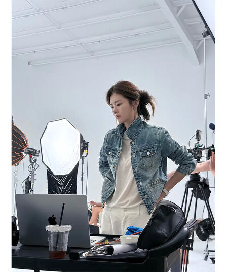 peachzhou 레트로 워싱 블루 기타 주머니 루즈핏 폴로 칼라 니스 짧은 여성 데님 재킷 6xw22050