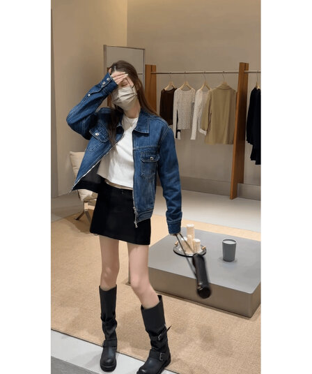 ins cec 이른 가을 새로운 레트로 다용도 파란색 데님 재킷 코디 하이웨이스트 품격 반신 미니 스커트 세트