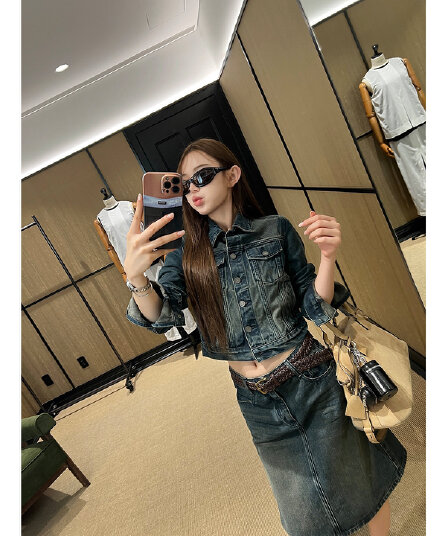 지구 Ouyang 수렴성의 골짜기 거리 슈퍼 펀 워시 물 개인 소유 오른쪽 표준 럭셔리 簰 공예 vtg 데님 재킷 마이크로 a 반 스커트