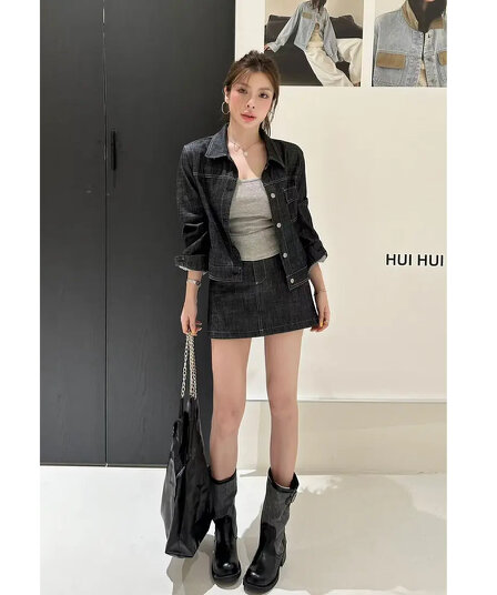 huihui 이른 가을 새로운 한 부서 슬림해 보이는 데님 재킷 코디 반신 그룹 캐주얼 세트 여성 l083