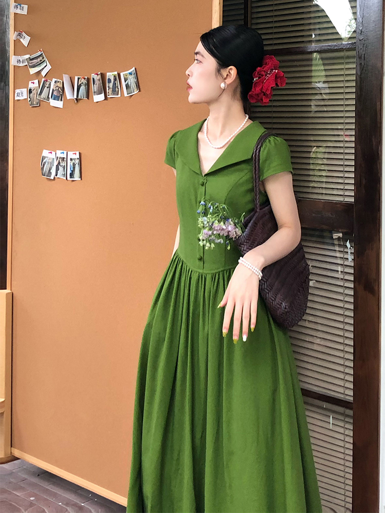 FA34225# 三个裁缝赎罪绿法式复古短袖气质连衣裙女夏季优雅长裙 服裝批發女裝批發服飾貨源
