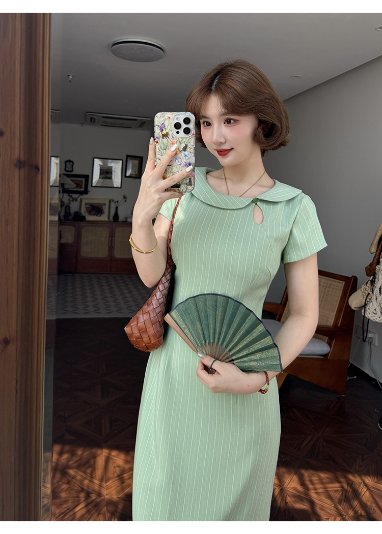 FA34224# 夏季新中式不对称娃娃领条纹撞色雅韵旗袍 服裝批發女裝批發服飾貨源