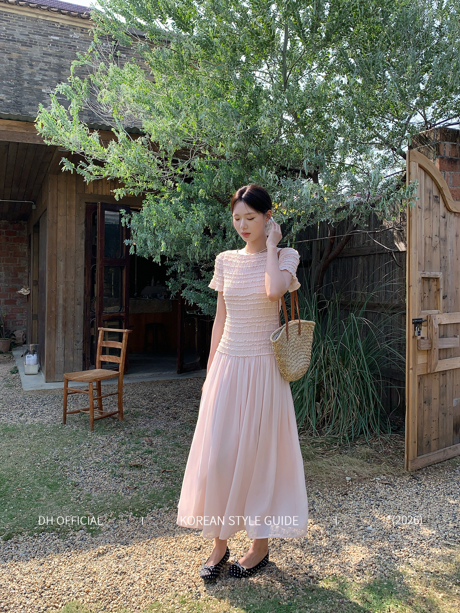 dh 대 꽃 반 조리 복숭아 부드러운 품격 축소 Pleat 질감 마이크로 펀 치마 작은 날다 소매 롱 코트 드레스