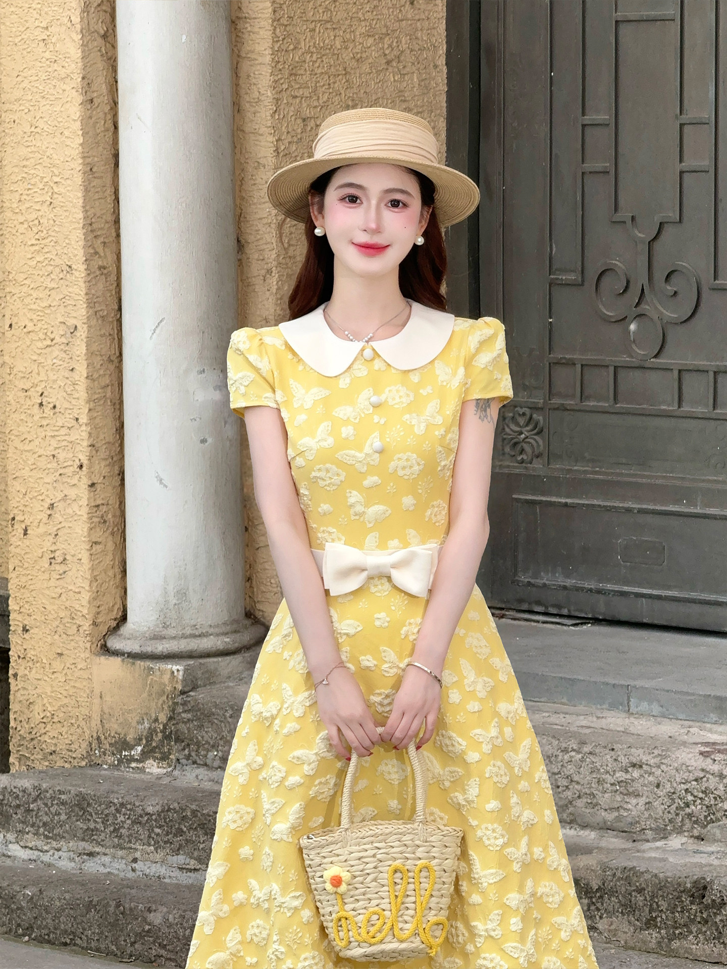 lili 리 리 가족 나비 꽃 바다 프랑스식 달콤함 천 금빛 바람 드레스 몸매 가꾸기 황색 자카드 롱 스커트 여성