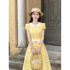 批发LiLi李李家【蝴蝶花海】法式<b class='q'>甜美</b>千金风连衣裙修身黄色提花长裙女