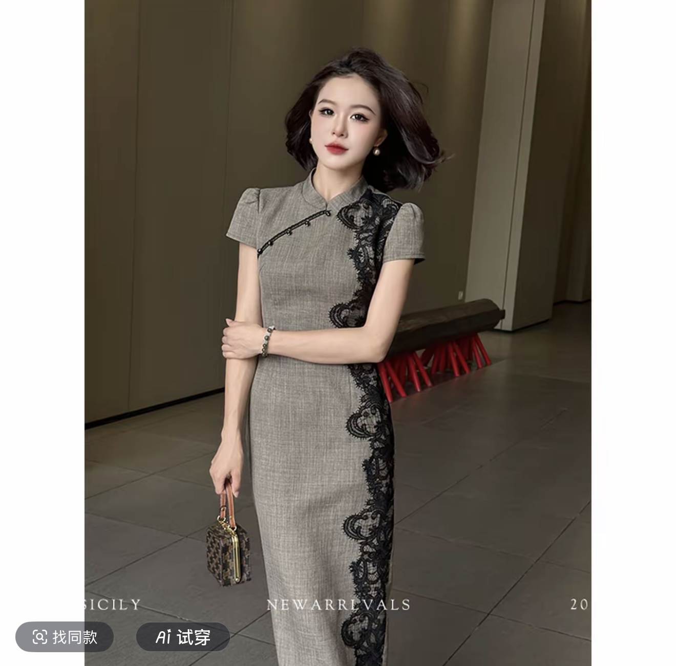 세븐 작은 세븐 sicily 黛 색상 암퇘지 측면 새로운 중식 레이스 조각 여성 드레스 여름 품격 고급 센스