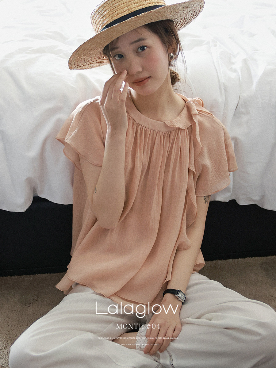lalaglow Pinellia 달콤한 꿈 하루 종일 실크 프랑스식 프릴 이중층 리본 반팔 여성 셔츠 프로 피부 통기성