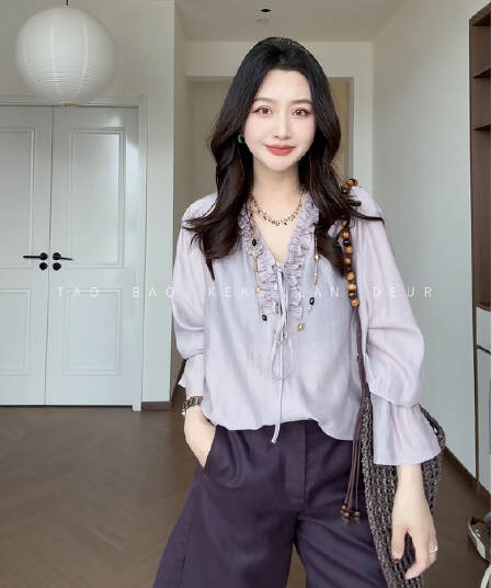 keke 흐름 연도 어둠 변경 여름 얇은 스타일 여성 셔츠 품격 우아함 프릴 칼라 레이스업 다용도 맨위