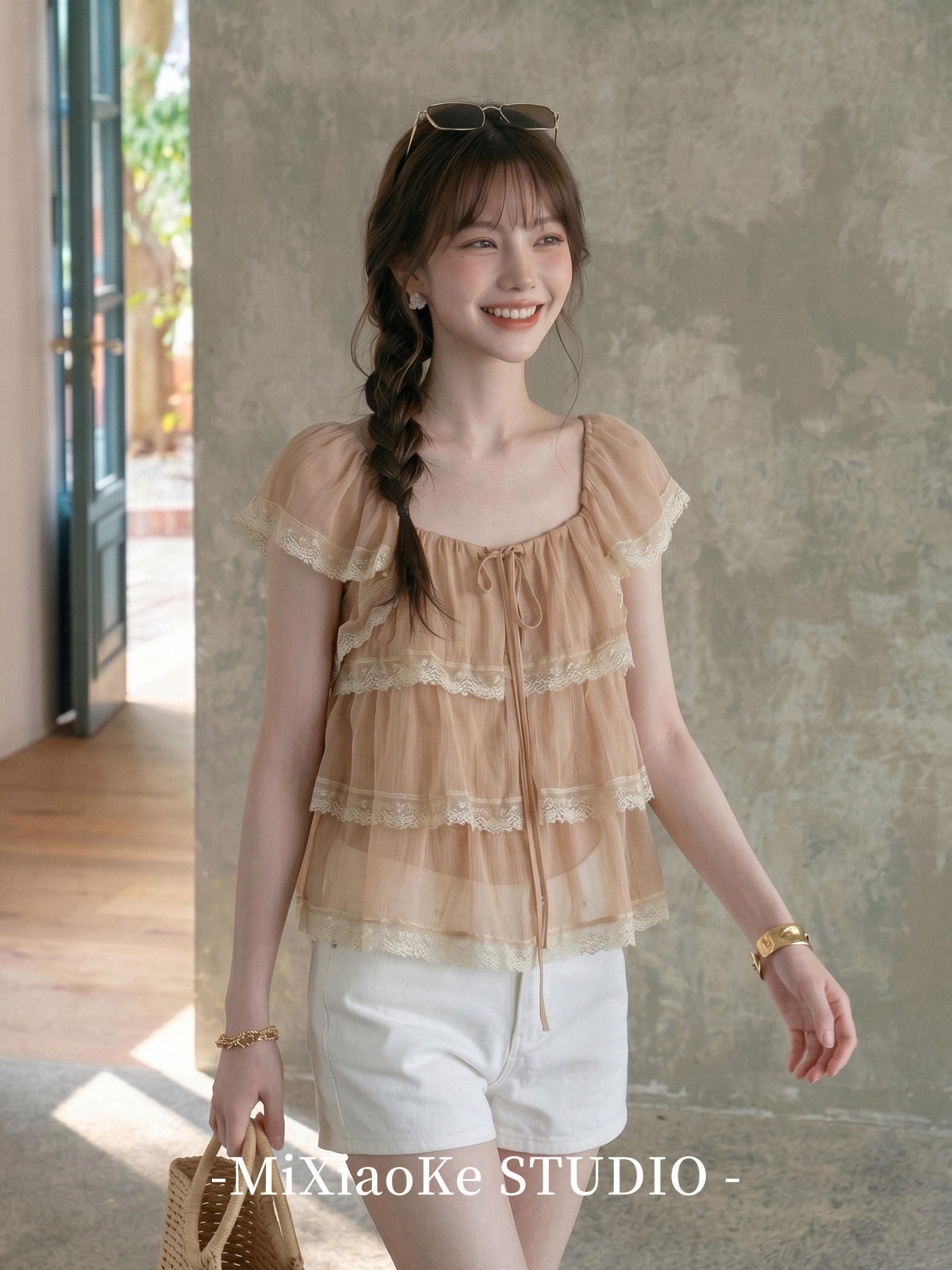 芈 작은 광장 칼라 프릴 레이스 쉬폰 반팔 여성 셔츠 여름 새로운 Feifei 소매 루즈핏 맨위 쇼트 스타일