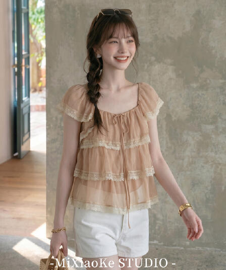 芈 작은 광장 칼라 프릴 레이스 쉬폰 반팔 여성 셔츠 여름 새로운 Feifei 소매 루즈핏 맨위 쇼트 스타일