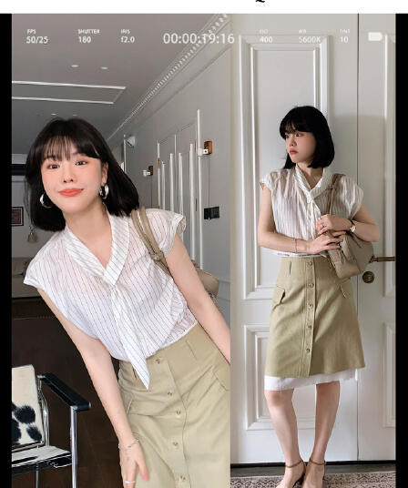 프랑스식 V넥 리본 스트라이프 셔츠 패션 루즈핏 슬림해 보이는 문예 미니멀리즘 작은 날다 소매 맨위 여성