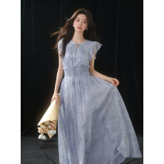 批发荷叶边系带打揽短袖<b class='q'>连衣裙</b>女夏收腰<b class='q'>雪纺</b>长裙