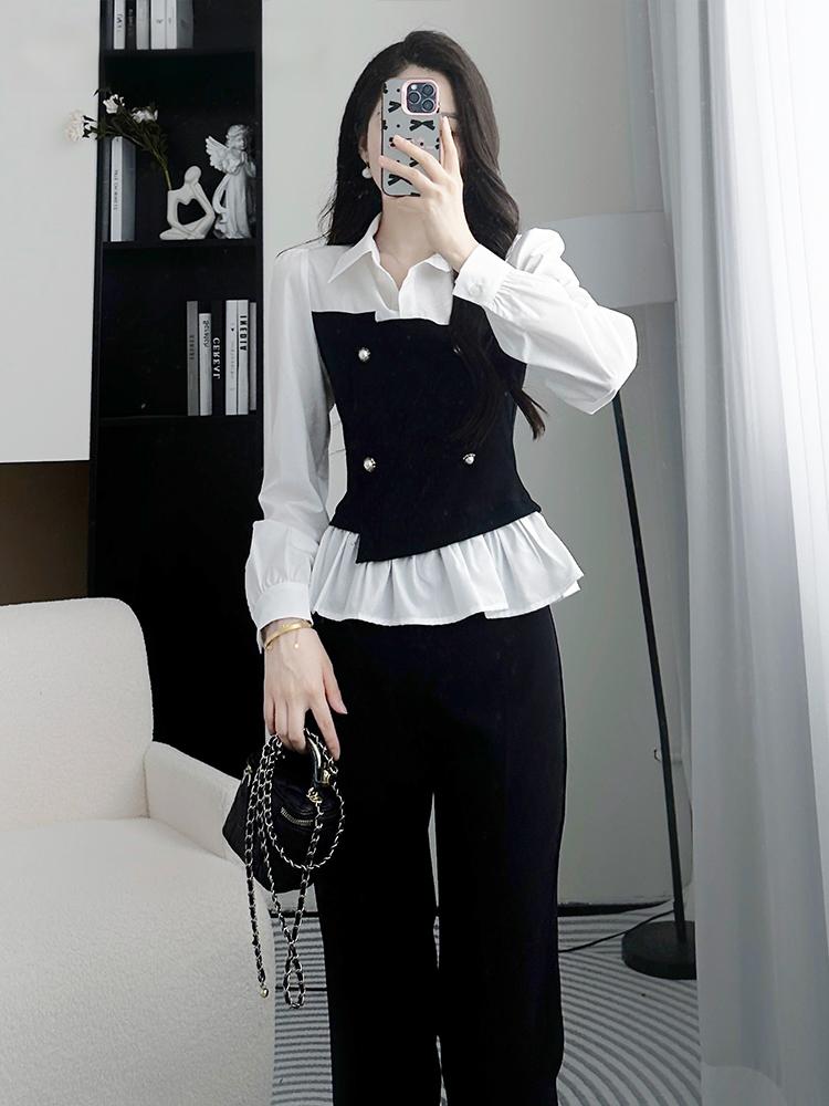 MY13151# 穿搭黑色喇叭裤两件套新款时尚高级感衬衫套装女裝貨源服裝批...