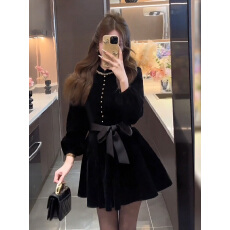 批发富家千金黑色丝绒连衣裙2025年秋冬新款生日礼服年会<b class='q'>短裙</b>裙子女装