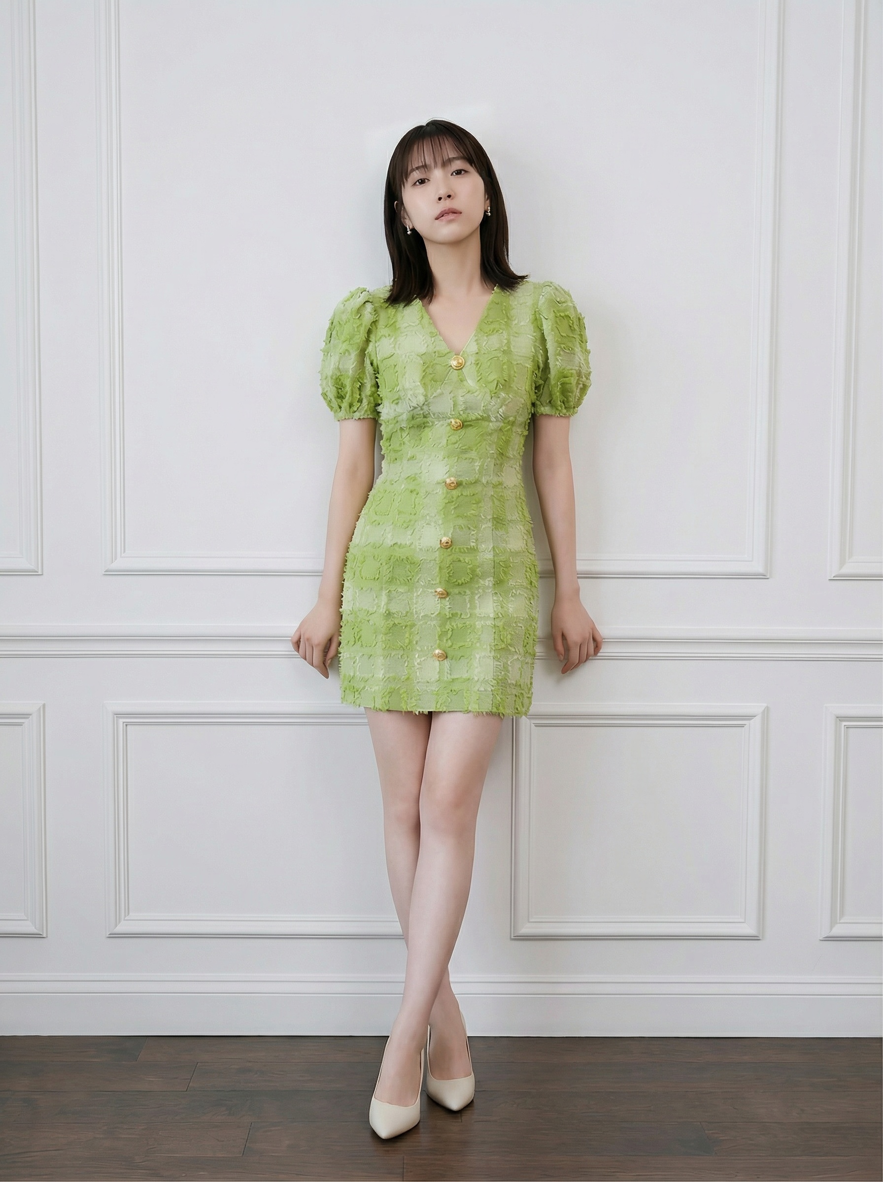 RY3836# 法式浪漫绿色格子清新泡泡袖短款连衣裙女26年夏小个子V领裙子女