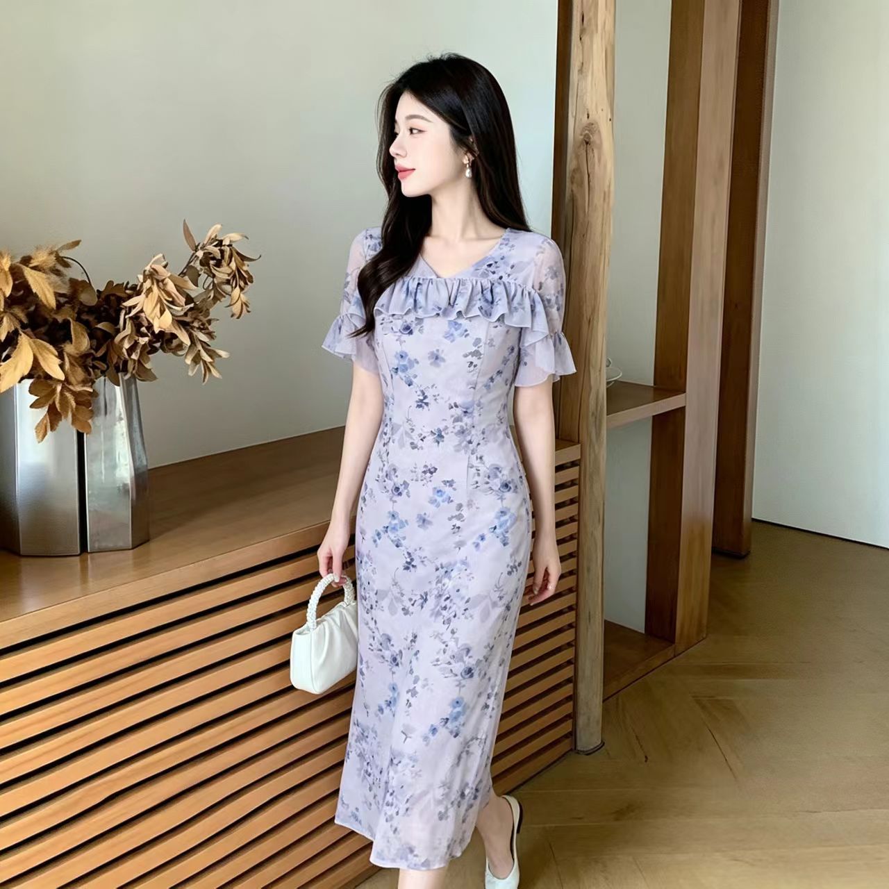 RY3828# 法式V领荷叶边印花碎花连衣裙收腰显瘦度假风裙子2026年夏季新款