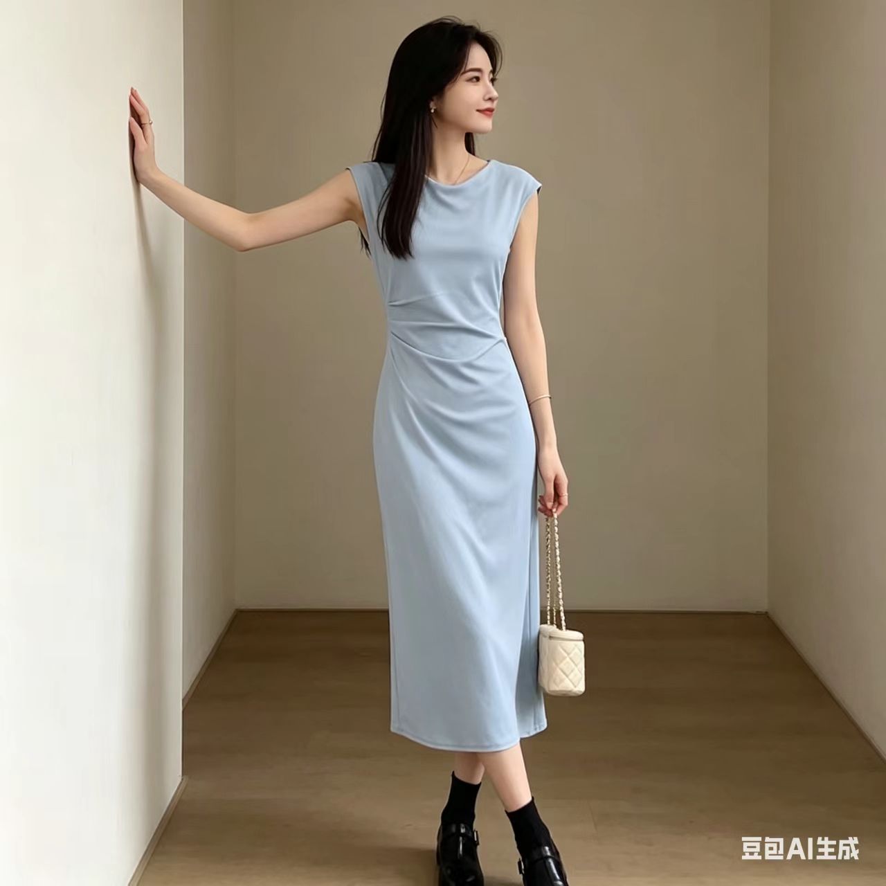 RY3832# 简约休闲优雅连衣裙纯色百搭收腰显瘦圆领长款裙子2026年夏季新款