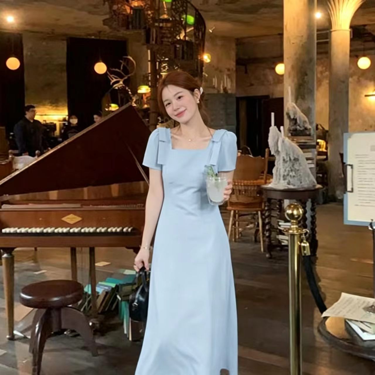 RY3833# 韩系蝴蝶结方口领纯色连衣裙女2026夏季新款无拉链收腰显瘦裙子
