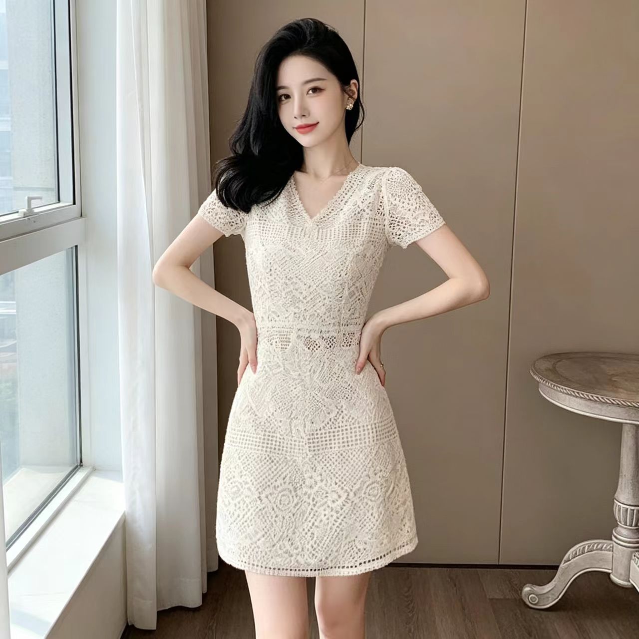 RY3834# 法式蕾丝优雅短款连衣裙气质V领高级名媛淑女风裙子26年夏季新款