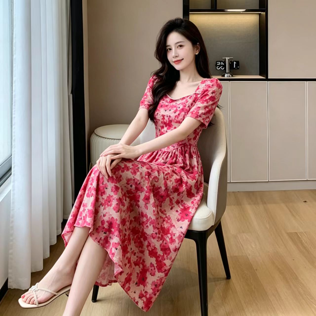 RY3827# ins风夏季新款法式方领口印花碎花连衣裙女收腰显瘦长款度假裙子