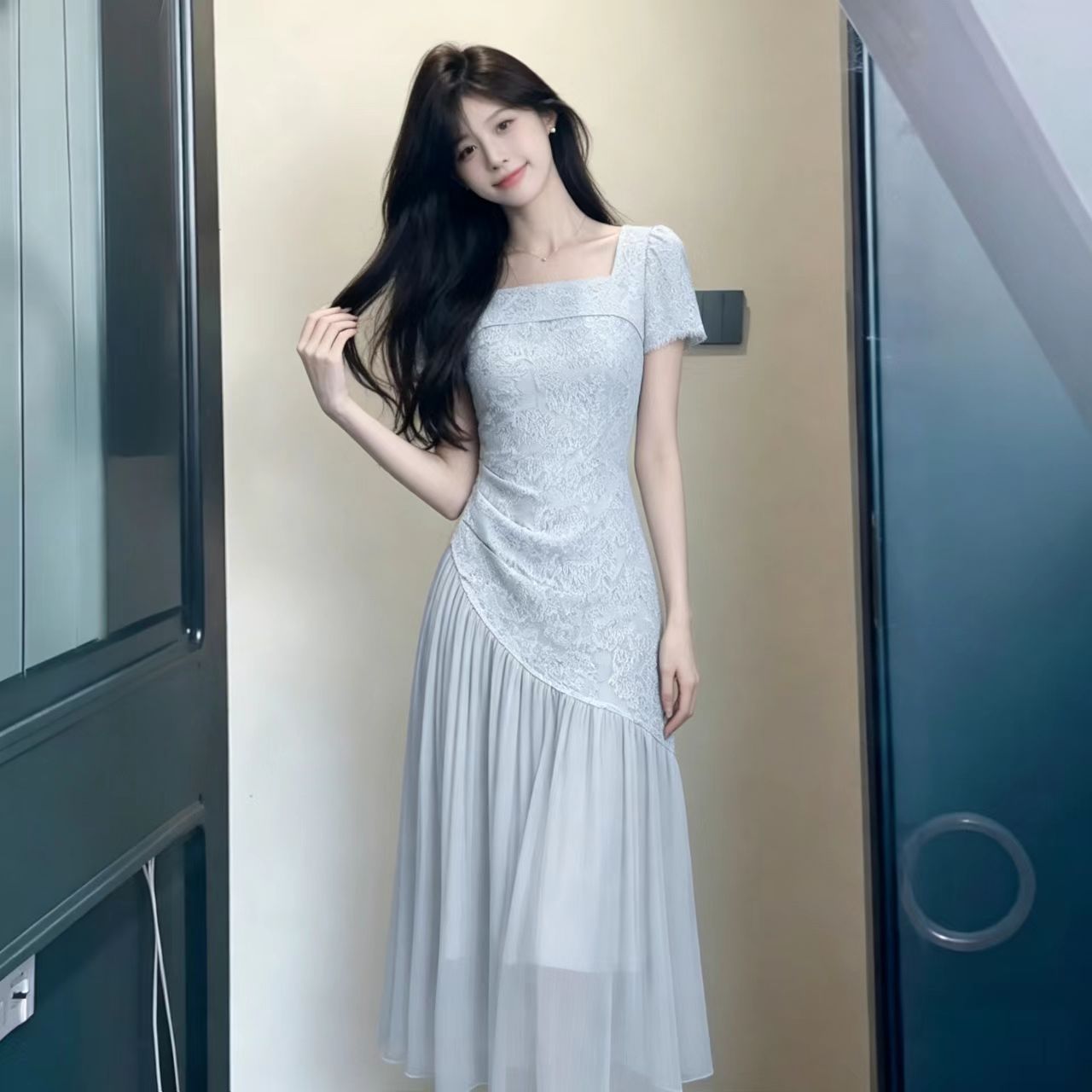 RY3823# 中国风复古旗袍雏菊掐腰连衣裙法式方领口拼接收腰显瘦优雅长裙女