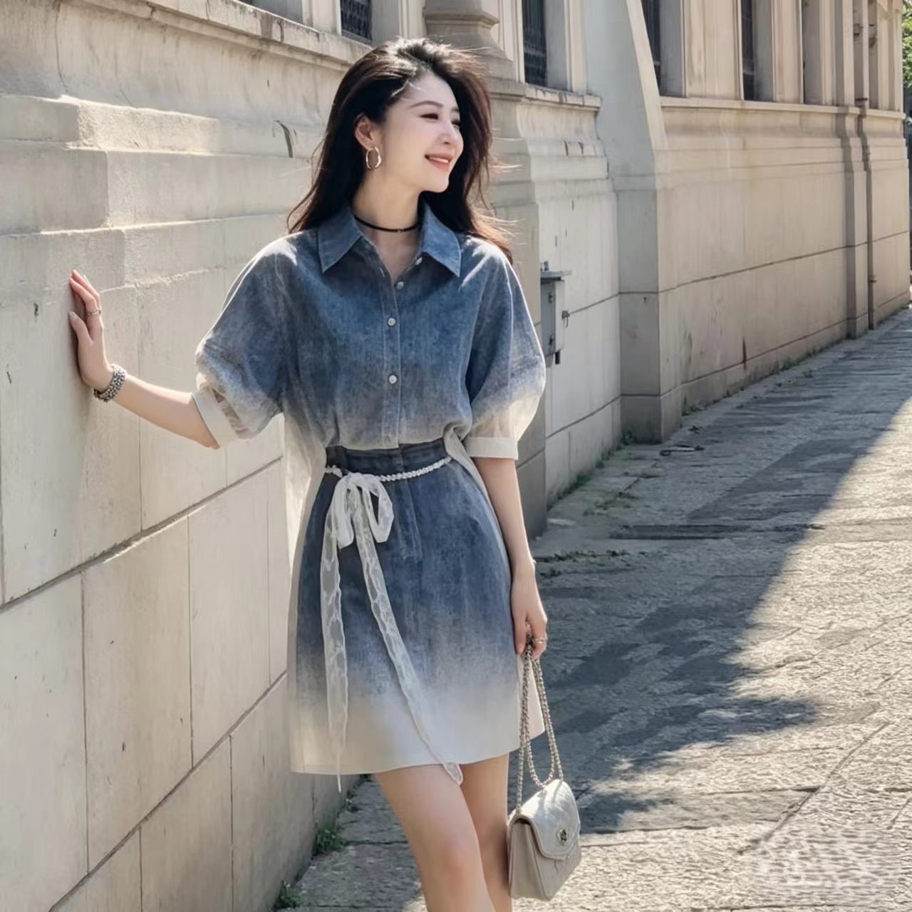 RY3820# 夏季新款渐变色两件套时尚百搭收腰显瘦气质高级出片绝美套装女