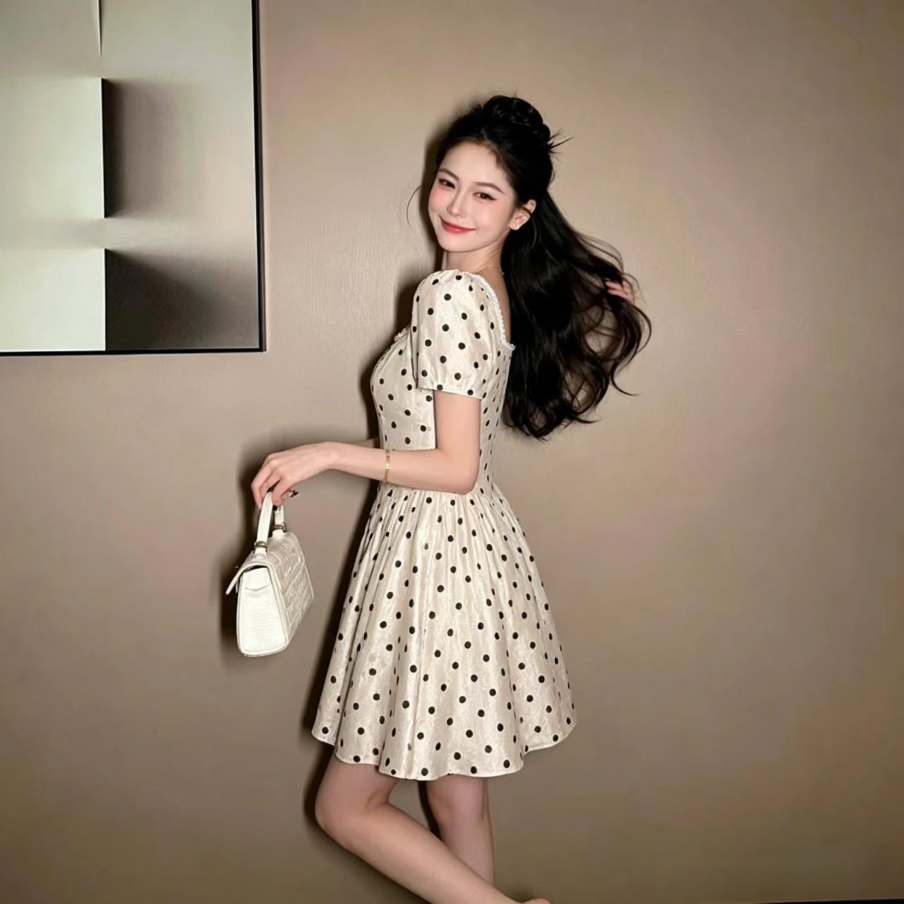 RY3818# 法式千金风波点印花短款连衣裙收腰显瘦气质名媛赫本风小个子裙...