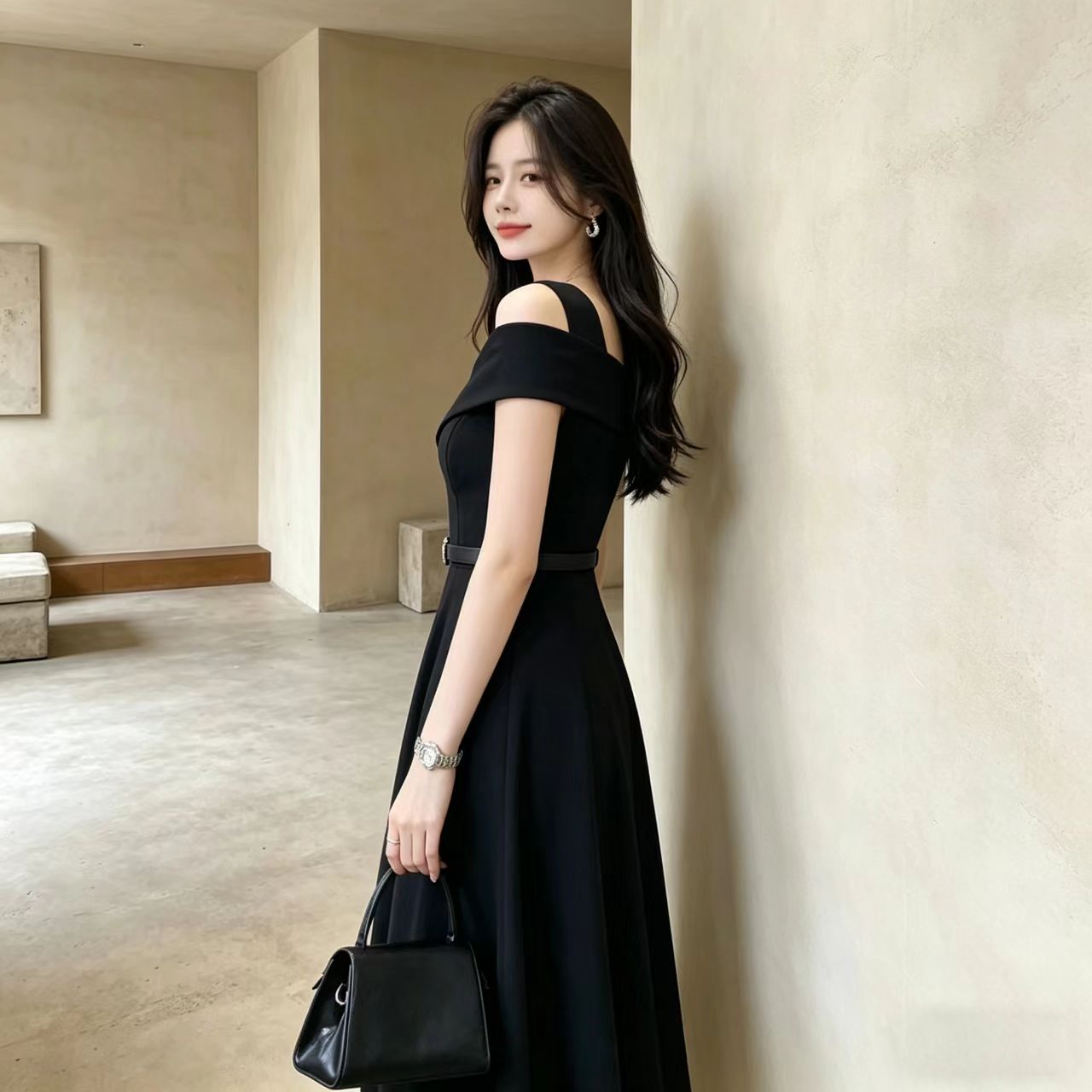패션 오프숄더 검정색 십자가 허리 수축 롱 코트 드레스 벨트 포함 프랑스식 그는 벤 바람 여름 새로운 치마 아이들