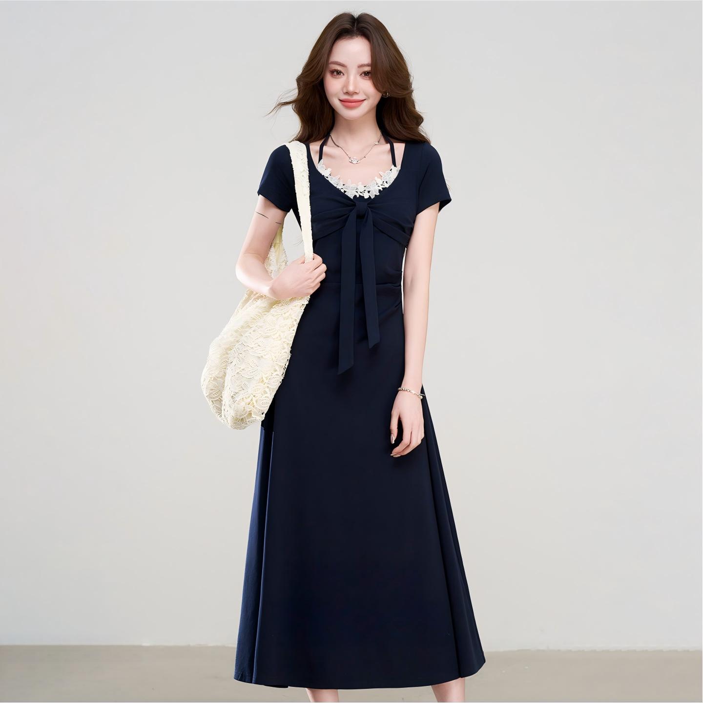 한 부서 chic 레이스 패치워크 행침 목 드레스 여성 의류 여름 새로운 몸매 가꾸기 슬림해 보이는 캐주얼 롱 스커트